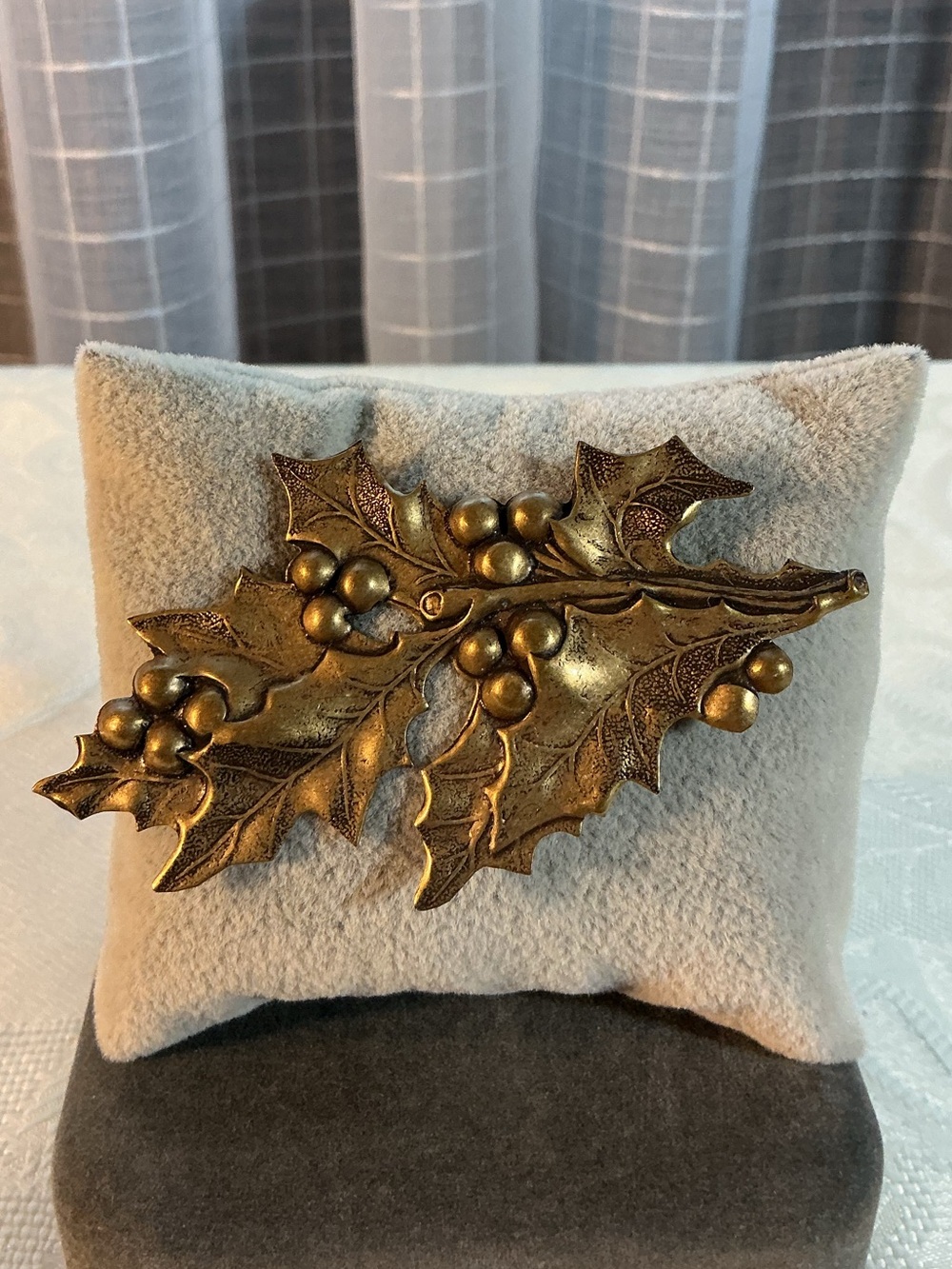 Holly Leaf and Berries Vintage Antique Brass Tone Christmas Brooch Pin